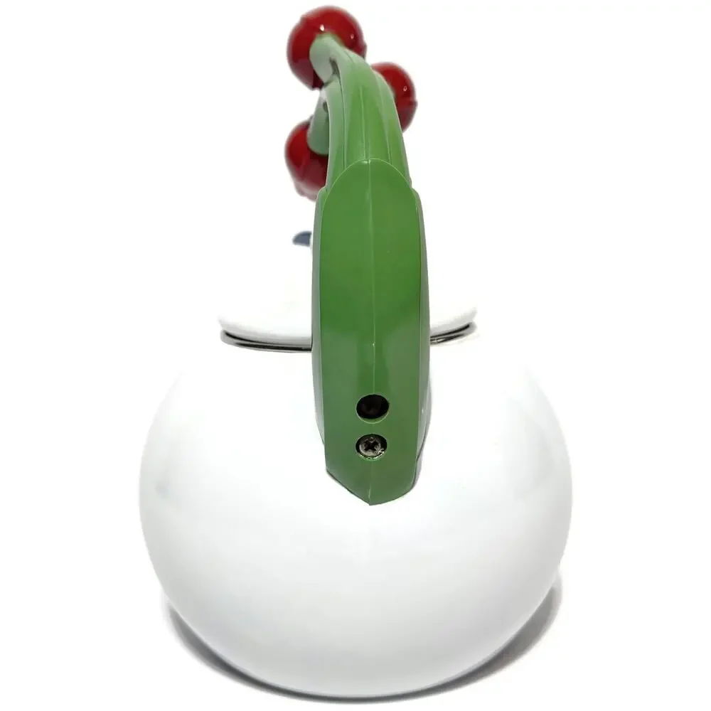 Ancona White Enamel Whistling Tea Kettle Hummingbird Red Tulips Vintage 1990s